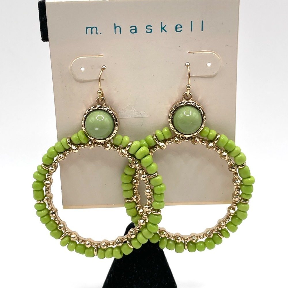 M. Haskell Modern Green Seed Bead Large Hoop Pierced Earrings
